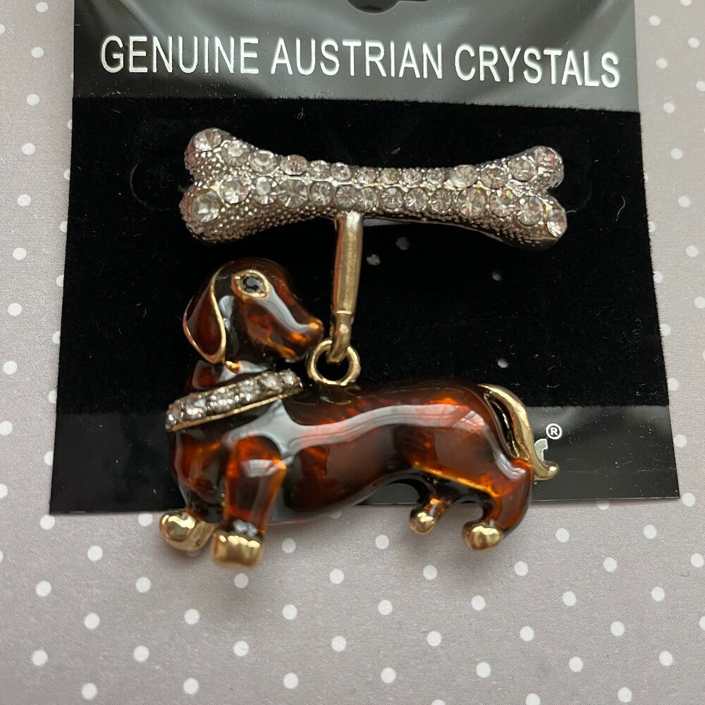 Vintage Lauren Spencer Dachshund Enamel Dog Bone Statement Brooch NW